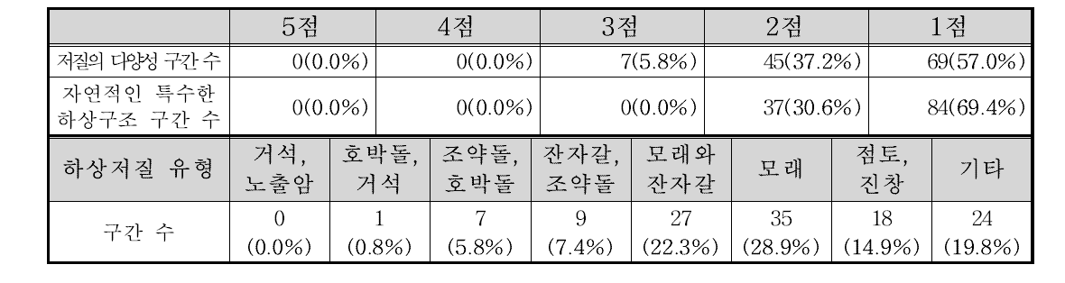 한강서해 하상구조 부문 항목별 점수 빈도 및 하상저질 유형