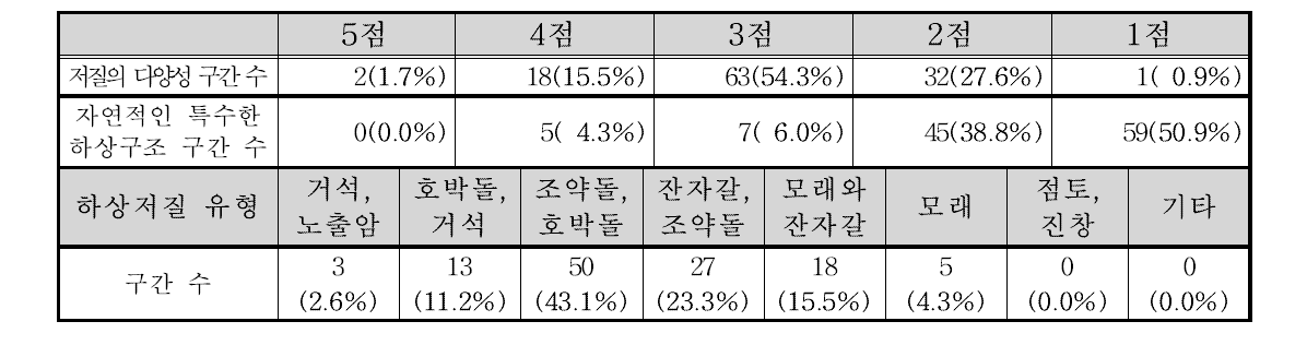 태화강 수계 하상구조 부문 항목별 점수 빈도 및 하상저질 유형