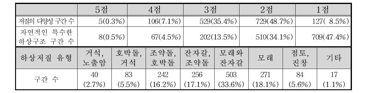 금강 수계 하상구조 부문 항목별 점수 빈도 및 하상저질 유형