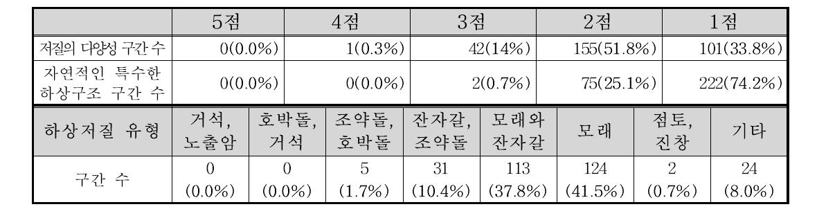 삽교천 수계 하상구조 부문 항목별 점수 빈도 및 하상저질 유형