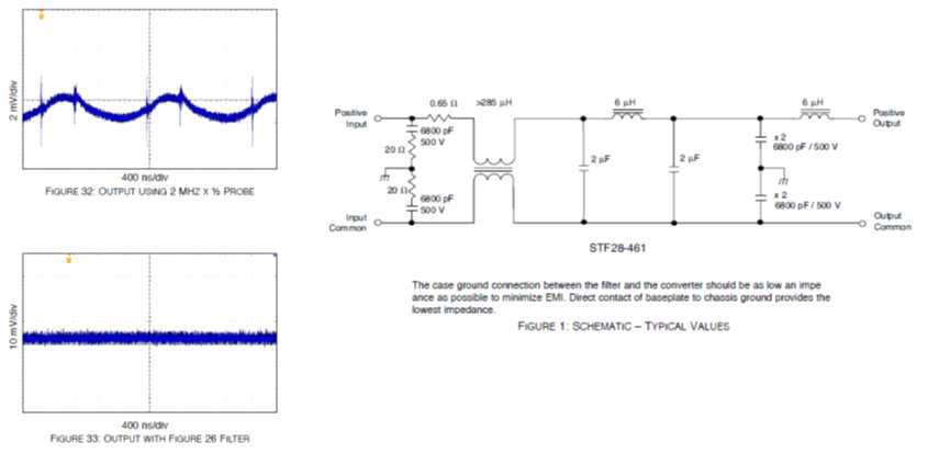 Interpoint 사의 DC-DC converter 잡음 (좌상), 필터 (우), 및 잡음 해소 결과 (좌하)