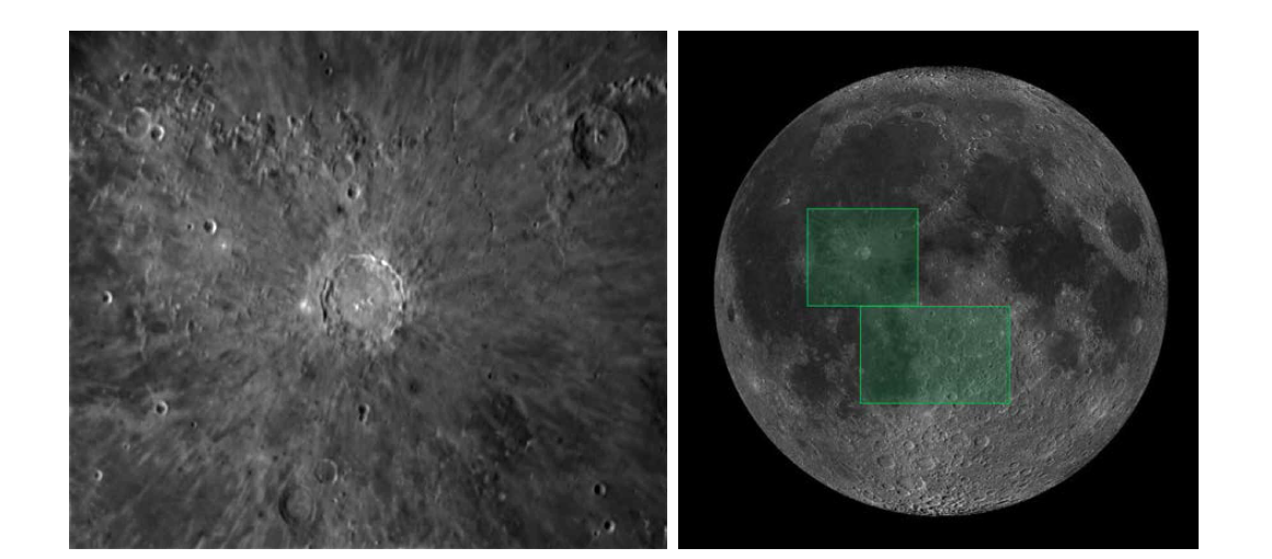 시험관측을 통해 얻은 코페르쿠스 충돌구 고해상 수직편광영상(왼쪽)과 현재 관측영역. 녹색 사각형은 이번에 우리가 관측한 영역을 나타낸다.