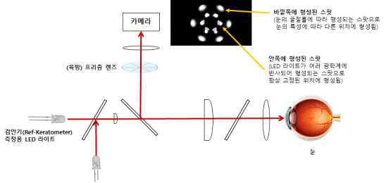 프리즘 렌즈에 의해 여섯 개 방향으로 분할되어 형성된 스팟 (검안기 광학 배열은 장비에 따라 다를 수 있으며, 형성되는 스팟의 배치도 중심 축, 방향, 크기가 다르게 형성됨)