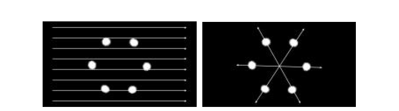 스팟 검출을 위한 일반적인 스캔 방식(좌)과 프리즘 렌즈의 특성에 맞는 방향으로만 스캔하는 방식(우)