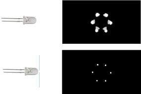 기존 LED 라이트의 반사광 영상(상)과 핀홀을 이용하여 광원의 크기를 줄인 반사광 영상(하)