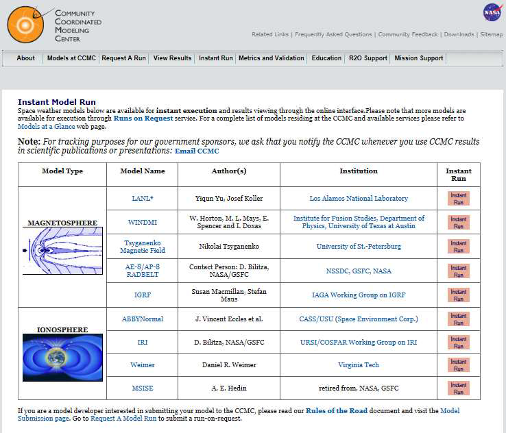 NASA/CCMC에서 제공하는 우주환경 예보모델 중 일부