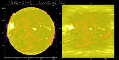 17 GHz 태양 전파영상(좌)과 B angle이 보정되어 위경도가 균일하게 펼쳐진 Syniptic Map(dn)