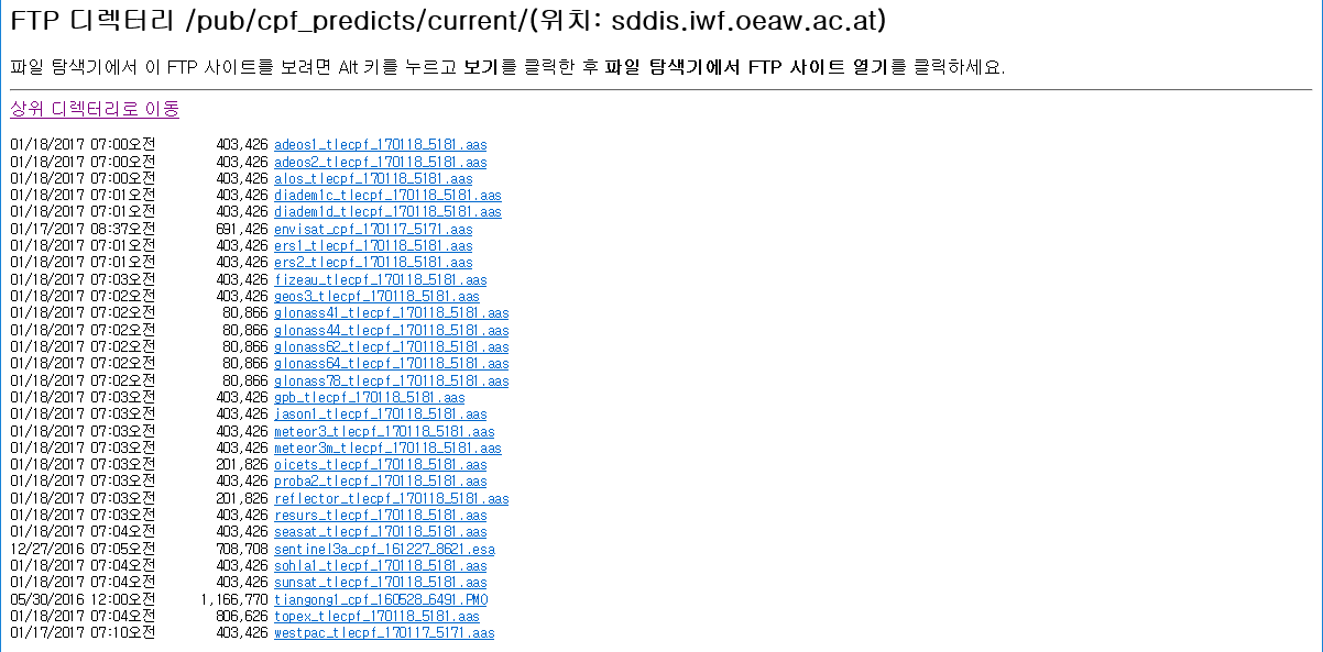 Debris 위성들의 궤도 예측 파일(Consolidated Prediction Format)