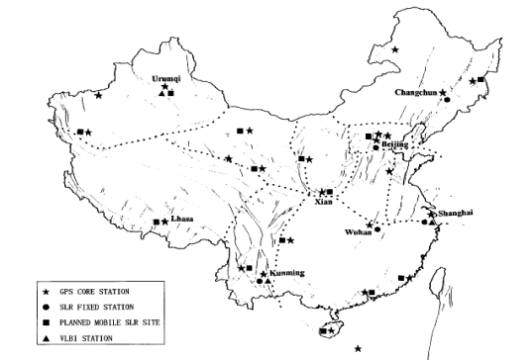 중국의 SLR 관측소의 분포. CTLRS의 위치는 주로 GPS나VLBI 관측지에 이동하면서 위치할 예정임