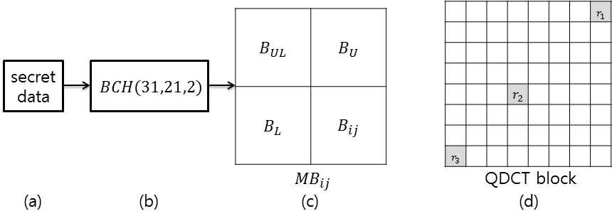 macro block 내에 데이터를 은닉하는 macro block 및 QDCT block의 상세 구조