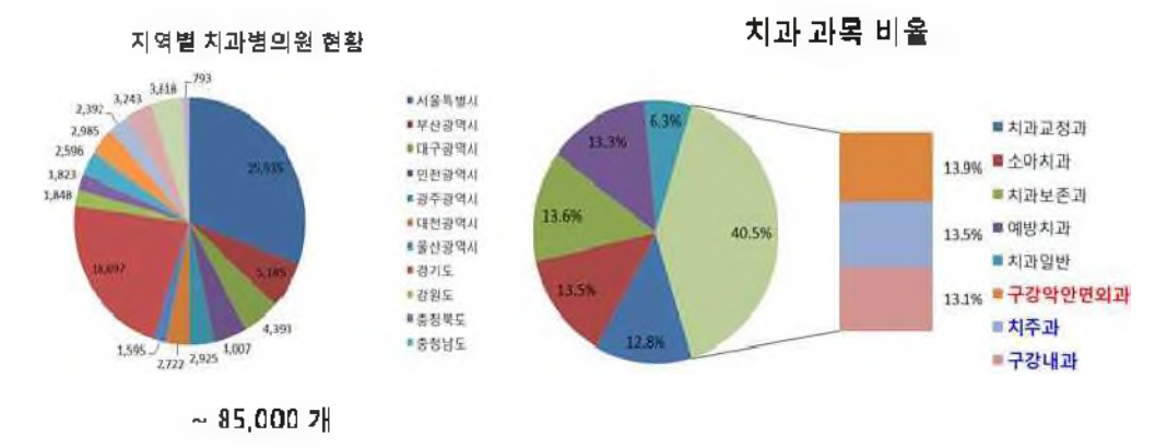 지역별 치과 병의원 현황 및 개발 제품의 주요 사용 진료 분야 비율