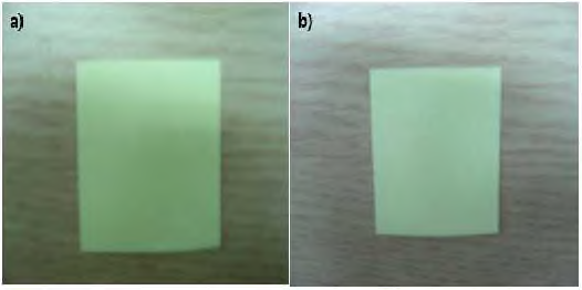 Photographs of SrAl2O4：Eu2+ film on PVC substrate before immersion (a) and after immersion in water at 25°C for 24 hrs