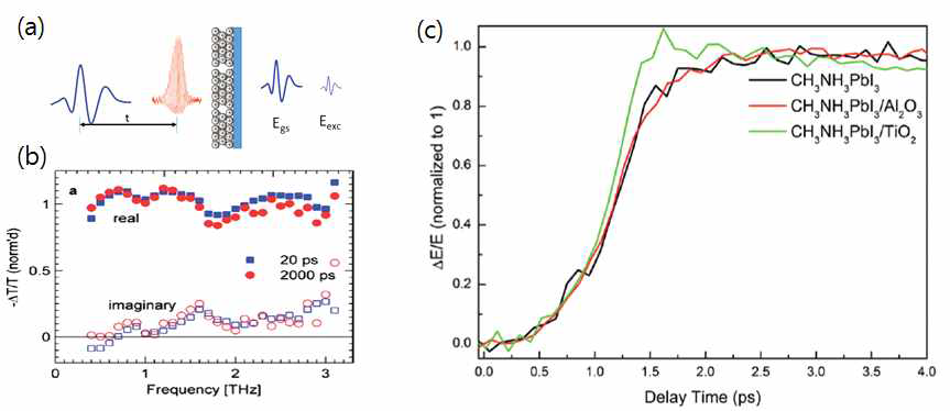 (a) 페로브스카이트 물질의 특성 측정을 위한 Optical pump-THz probe 개략도 (b) 광여기 후 20 ps와 2000 ps 이후의 THz 투과 특성 (c) 광여기 시간에 따른 THz 신호의 시간축 변화 특성