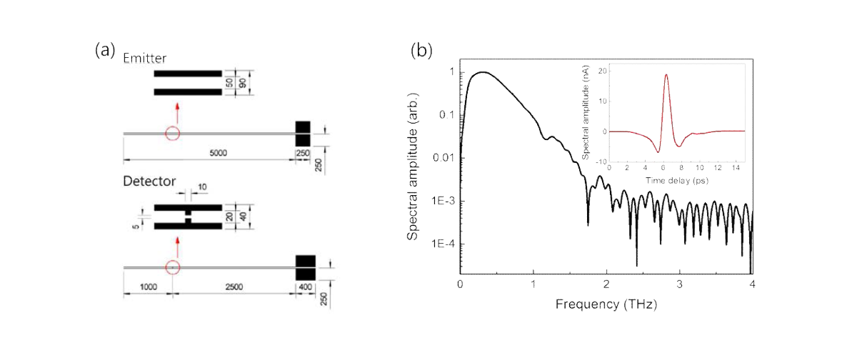 THz 분광시스템에 사용한 발생 및 검출 안테나 (a)와 획득한 신호 (b).