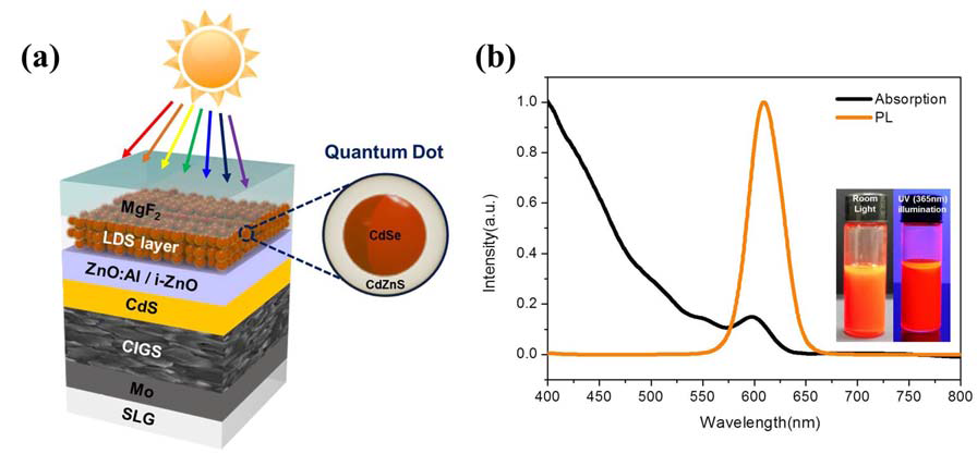 (a) 양자점 직접된 CIGS 박막 태양전지 구조도 (b) 양자점의 흡수 및 Photoluminescence 특성