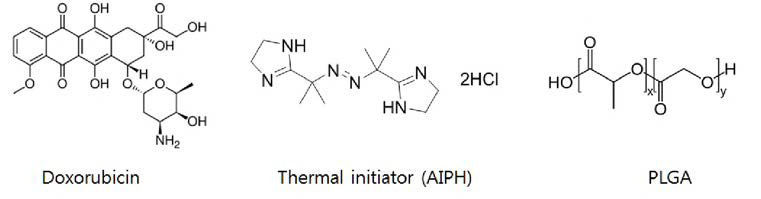 제안된 연구에서 사용되는 약물 (doxorubicin，AIHP)와 약물 담지용 고분자 PLGA의 화학적 구조