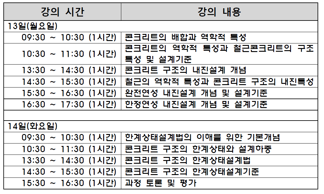 철근콘크리트 구조설계 전문고급과정 시간표