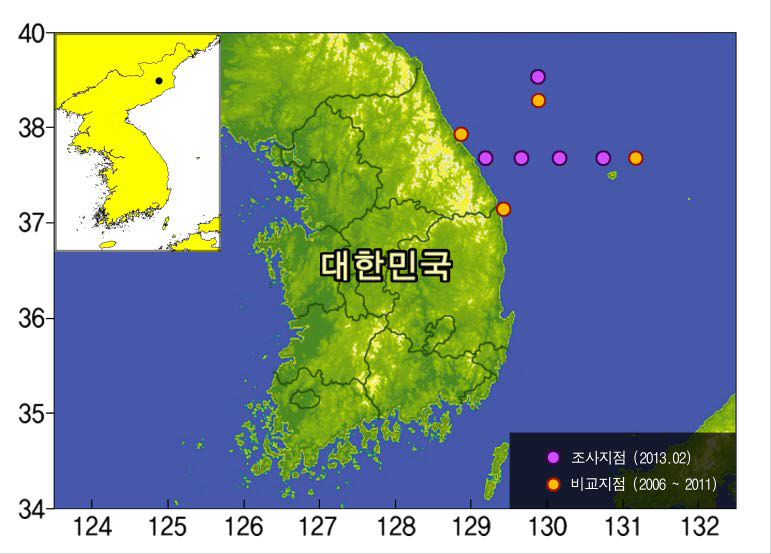 The sampling points of seawater in the East sea