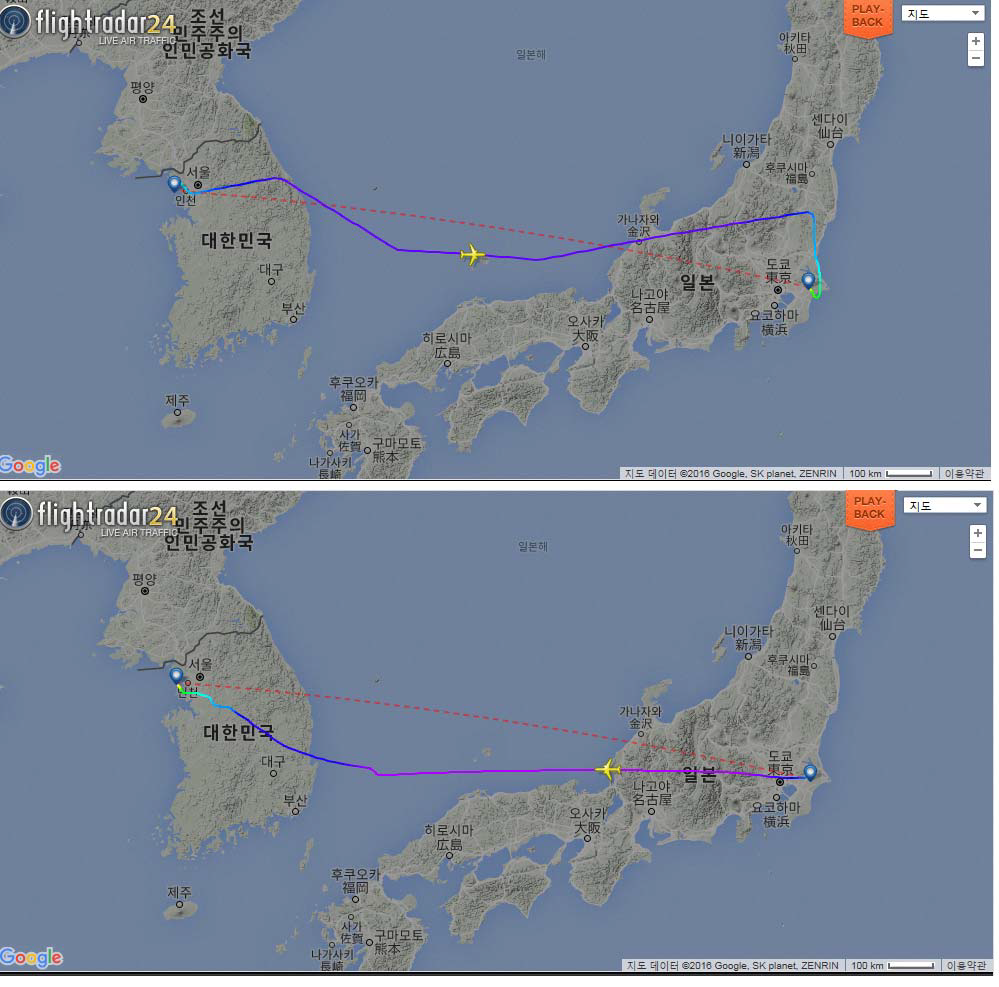 인천-Narita 운항 출발(위), 귀국(아래)편 항공기의 비행경로