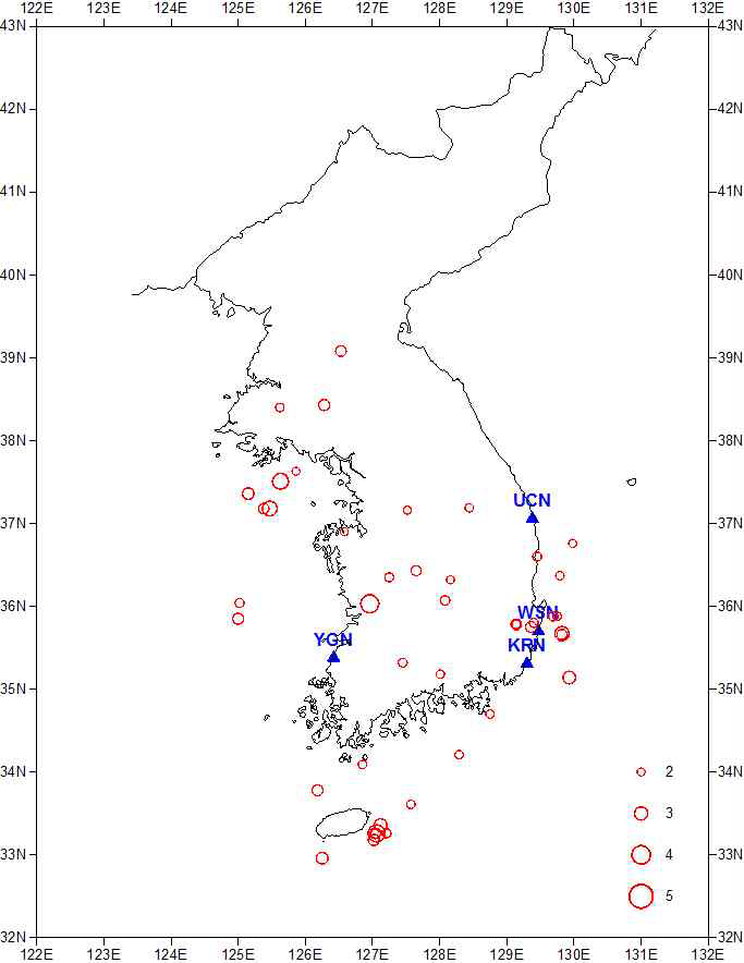 2015년에 발생한 지진의 진앙 분포(기상청 발표).