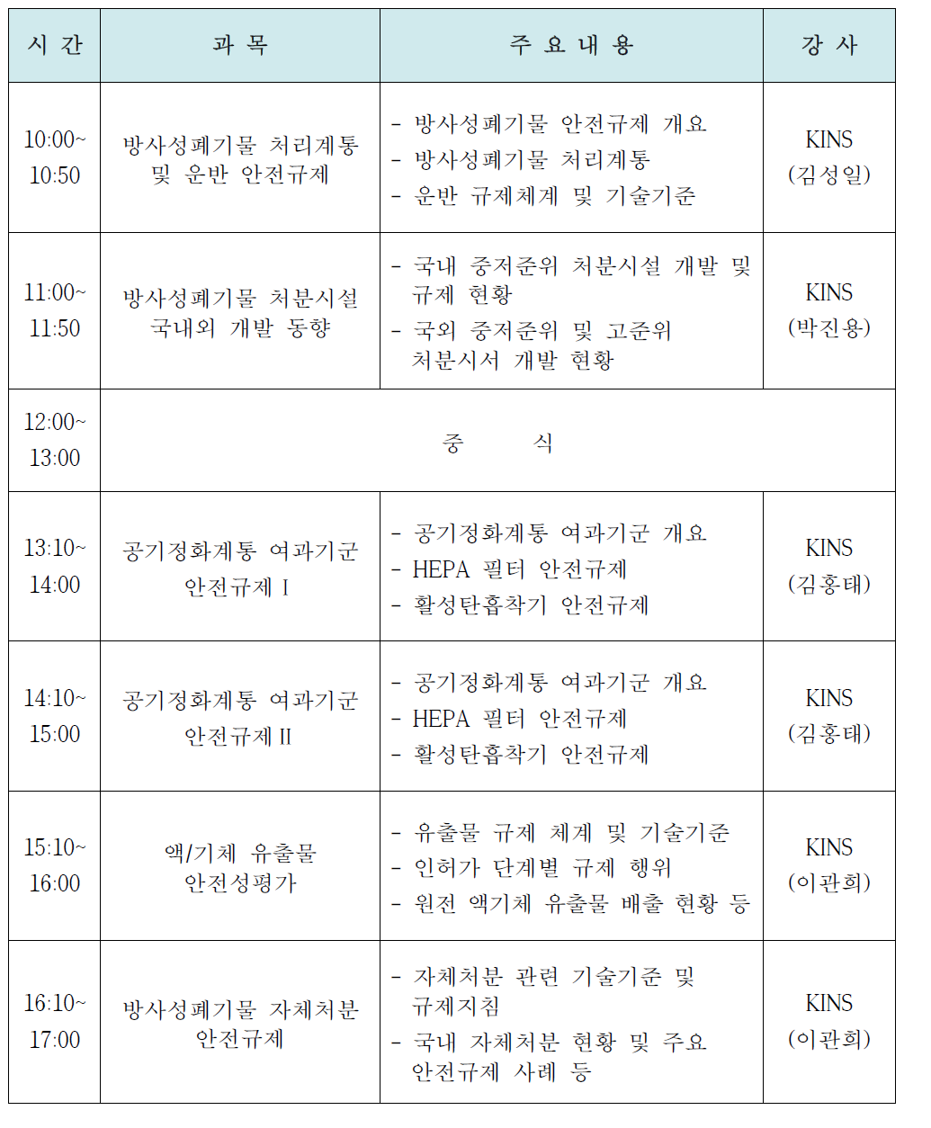 방사성폐기물분야 전문과정 시간표