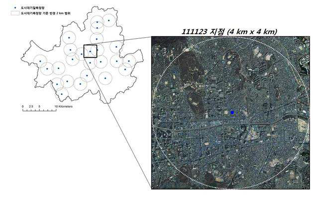 서울지역 도시대기 측정망(27개) 위치와 고해상도 환경농도 계산을 위한 통합모델링 영역의 예