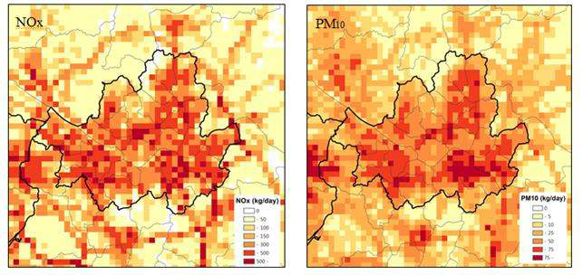 서울영역(D04)에 대한 2012년 국가 대기오염물질 배출량(CAPSS) (a) NOx, (b) PM10의 수평분포