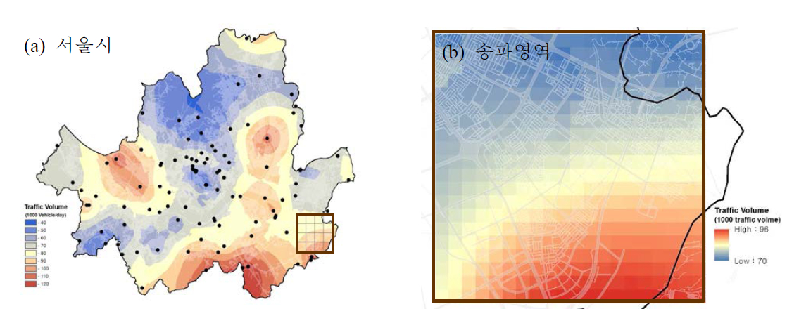 통간통계기법을 이용하여 추정된 격자별 교통량