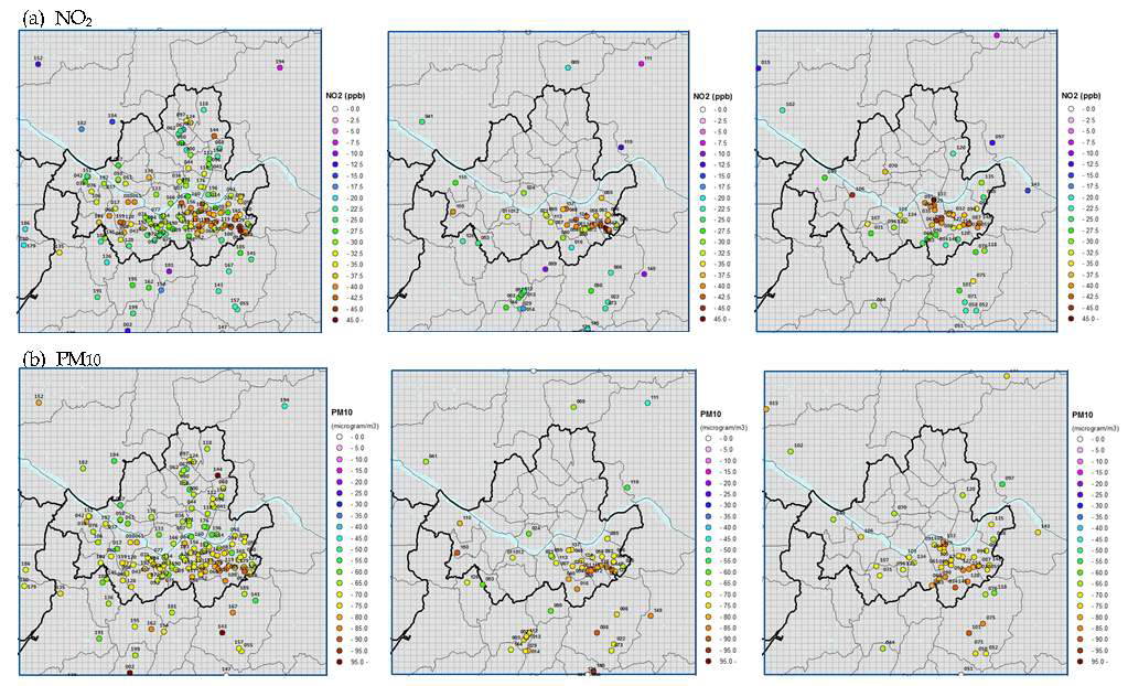 CMAQ 모델링을 통해 산출된 서울영역 내 거주하는 질환자(아토피, 소아천식, 성인천식)에 대한 일평균 NO2, PM10 환경농도