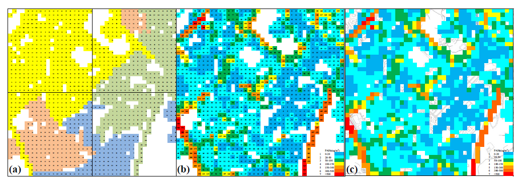 High resolution particle-bound PAHs pollution map in the 2×2 km Songpa-gu area. (a), (b), and (c) shows first pollution map of 4-day measurements, concentrations with color gradient, and overlayed pollution map with a target area base map