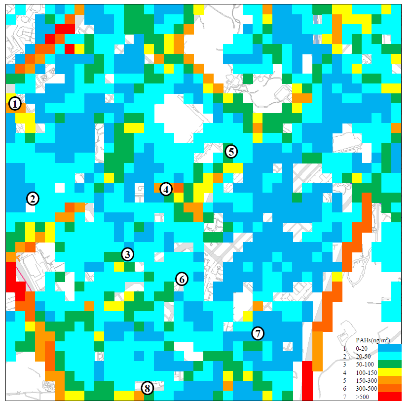 Locations of child patients (1-8) living in the study area overlaid with the high resolution particle-bound PAHs pollution map