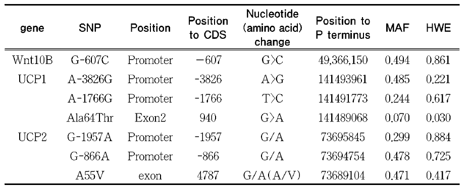 Characteristics of SNPs identified by TaqMan method of the promoter, exon of UCP-1, UCP2 and WntlOb