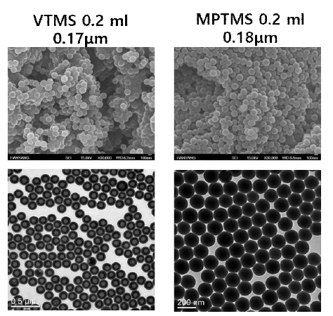 PTMS와 추가실란을 순차적으로 투입하였을 때 만들어진 입자의 전자현미경사진
