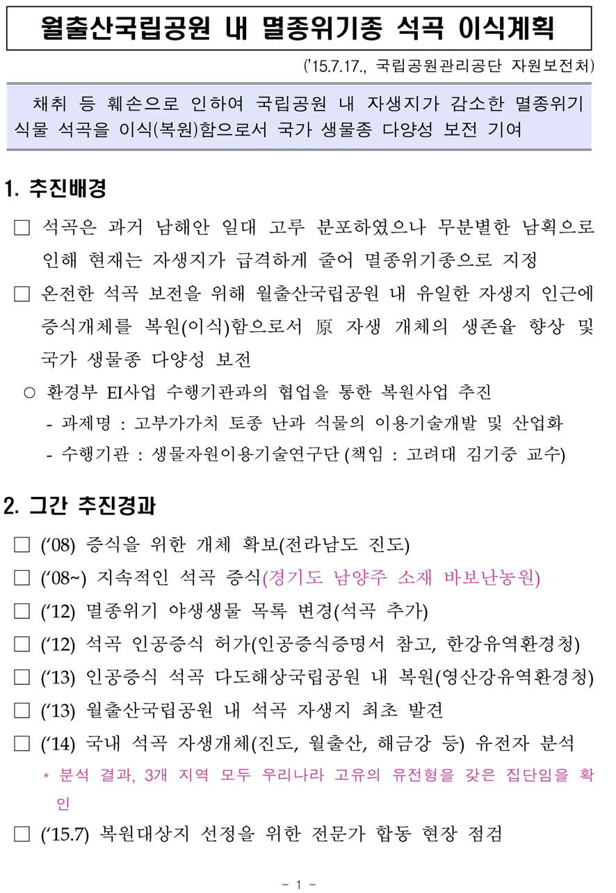 월출산국립공원 내 멸종위기종 석곡 이식계획