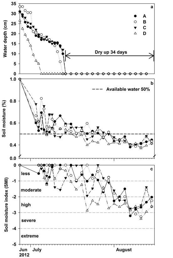 2012 6월 27일부터 2013년 8월 16일까지의 (a)수심 변화. (b) 토양 수분 (C) 토양 수분