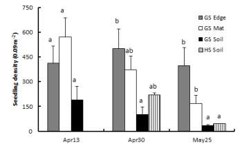 매트 가장자리, 중앙, 토양에서의 유묘 밀도 비교