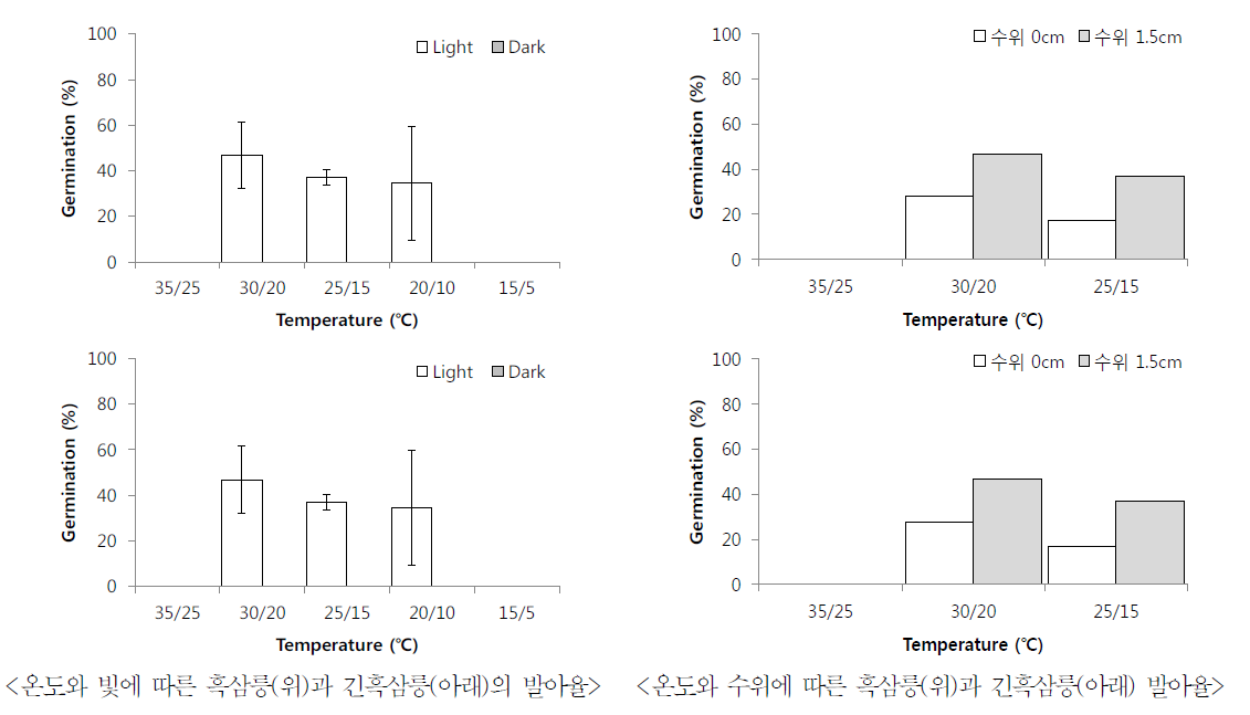 빛, 온도, 수위에 따른 흑삼릉과 긴흑삼릉 최종 발아율