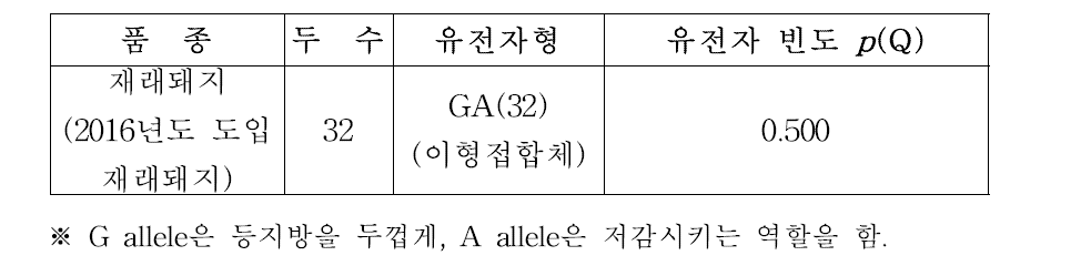 도입 제주재래돼지 등지방두께 연관 유전자 빈도