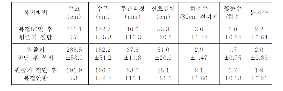 복접처리 방법에 따른 체리 2년차 영양 생장량 및 화아분화 특성