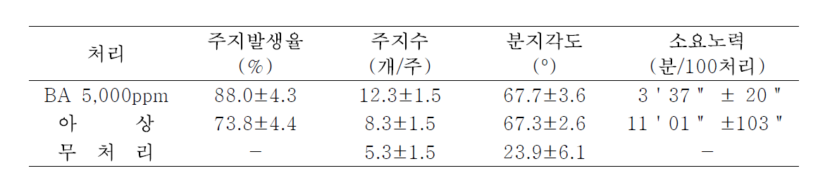 주간형에서 신초유도를 위한 BA와 아상처리 간의 비교