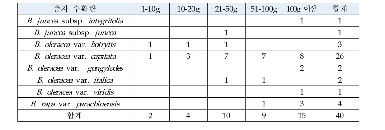 배추속 자원의 종자 수확량 분포(2013∼2014)