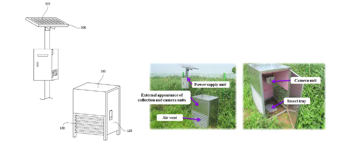 토양배회성생물 모니터링 시스템의 구성도. 100: 채집부, 120: 개폐수단, 130: 통풍구, 300: 전원공급부, 310: 솔라모듈
