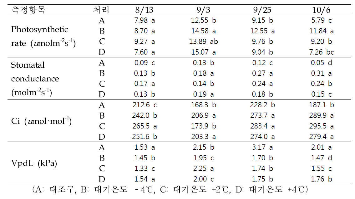 야간온도 처리에 따른 시기별 사과 ‘후지’잎의 광합성 변화(오후 2시)