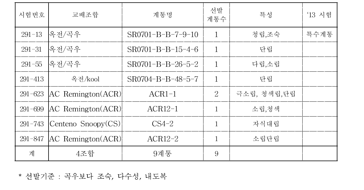 종실 특성이 변이된 선발 계통 리스트.