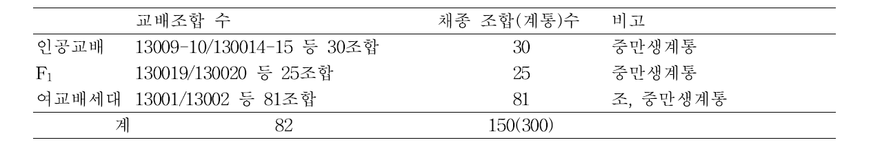 웅성불임유지계통 육성 및 고정계통육성을 위한 인공교배 및 채종 내역(2015)