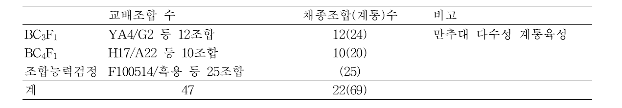 웅성불임유지계통 육성 및 고정계통육성을 위한 인공교배 및 채종 내역 (2012)