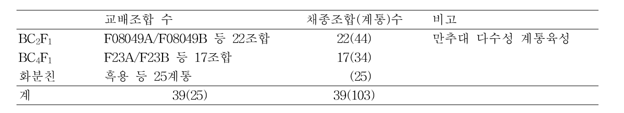 웅성불임유지계통 육성 및 고정계통육성을 위한 인공교배 및 채종 내역(2013)