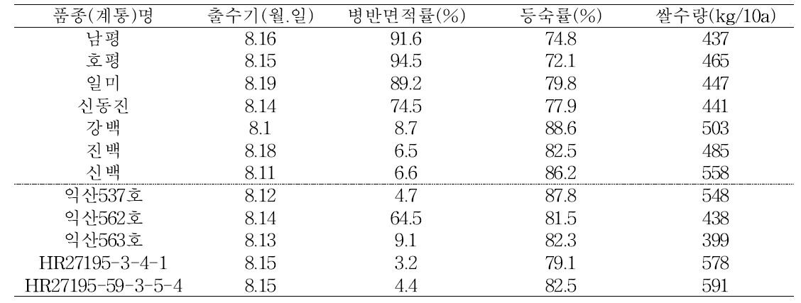 공시재료의 병반면적률, 등숙률, 수량(2013년)