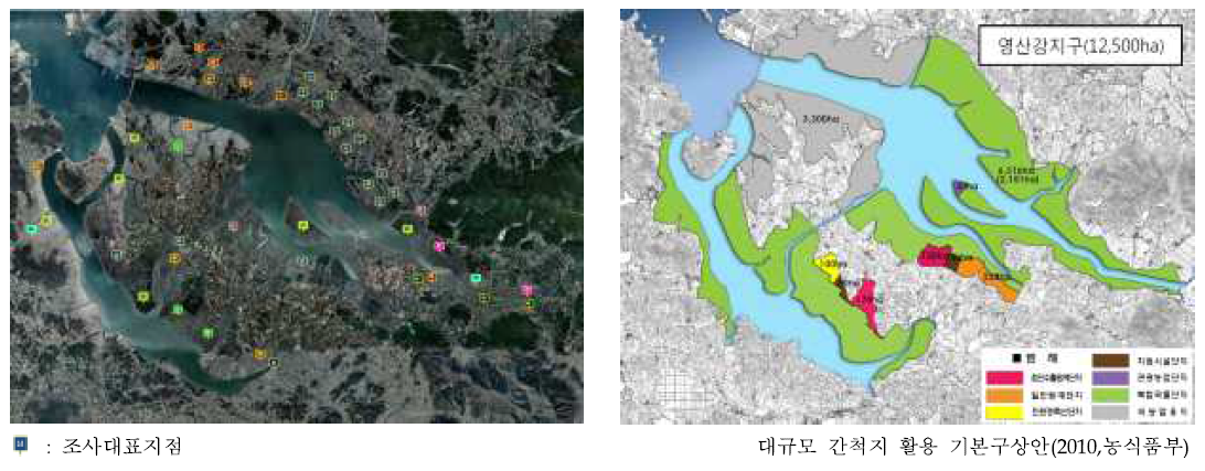 영산강 간척지(Ⅲ-1, Ⅲ-2) 조사 대표지점 및 토지이용계획