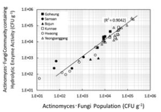방선균·곰팡이와 유기물 분해 효소 활성을 지닌 방선균·곰팡이의 상관관계
